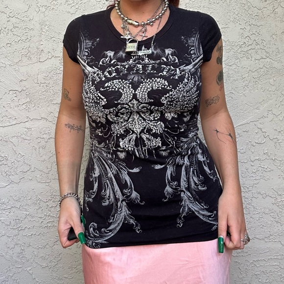 Cyber Goth Diamanté Embellished Baby Tee - Picture 2 of 10